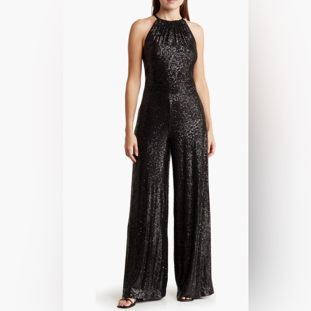 Black Sequin Halter Wide Leg Jumpsuit Small